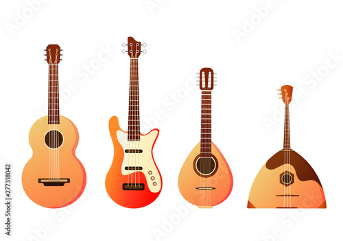Set of stringed musical instruments. Collection of balalaika, harp, double bass, violin, guitar. Design layout for banners presentations, flyers, posters and invitations. Vector illustration