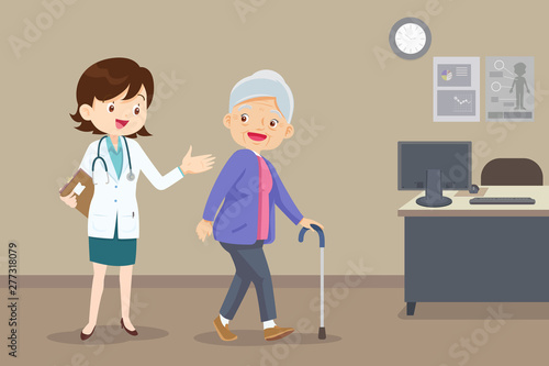 doctor helps her grandmother to go to the walker