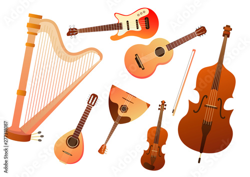 Set of stringed musical instruments. Collection of balalaika, harp, double bass, violin, guitar. Design layout for banners presentations, flyers, posters and invitations. Vector illustration