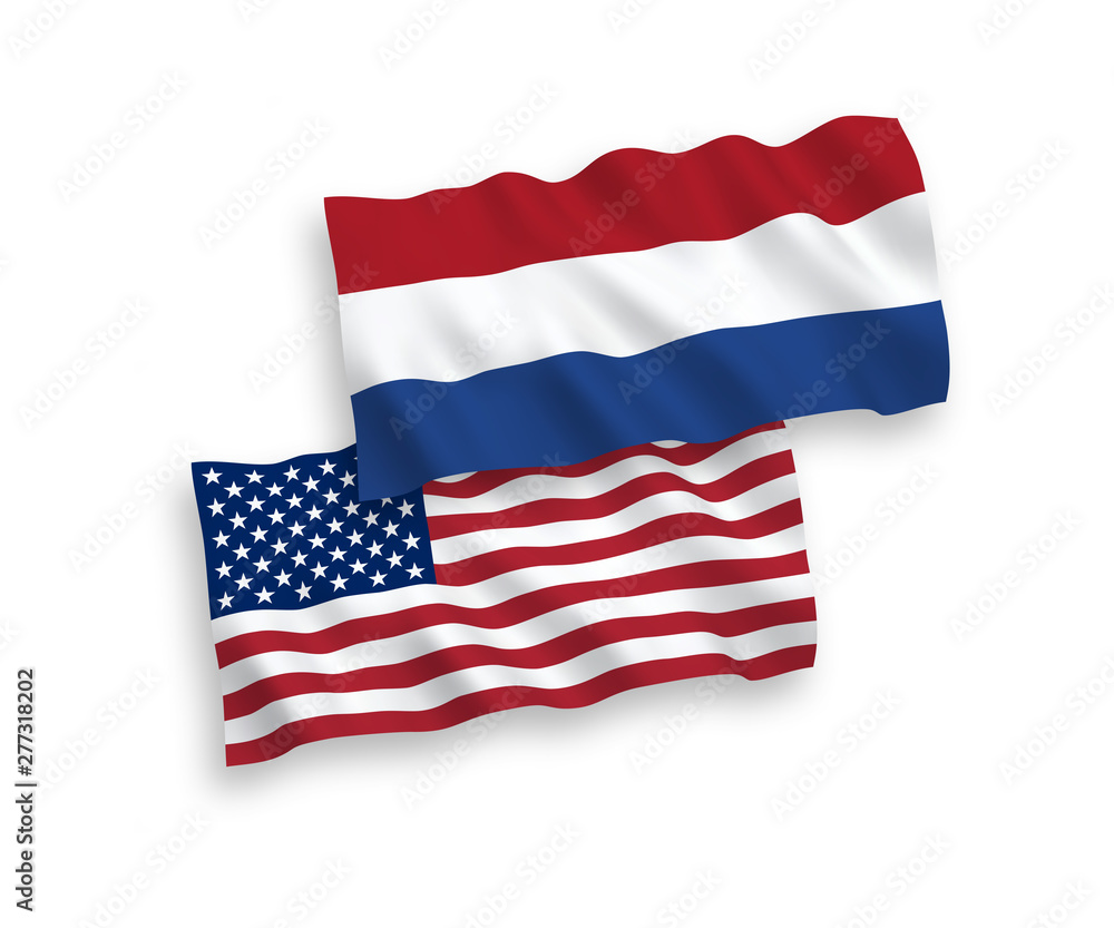 National vector fabric wave flags of Netherlands and USA isolated on white background. 1 to 2 proportion. National vector fabric wave flags of Netherlands and USA isolated on white background. 1 to 2 proportion.