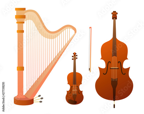 Set of stringed musical instruments. Collection of balalaika, harp, double bass, violin, guitar. Design layout for banners presentations, flyers, posters and invitations. Vector illustration