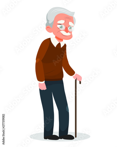 Vector illustration old man.  An elderly man with glasses and walking cane. 