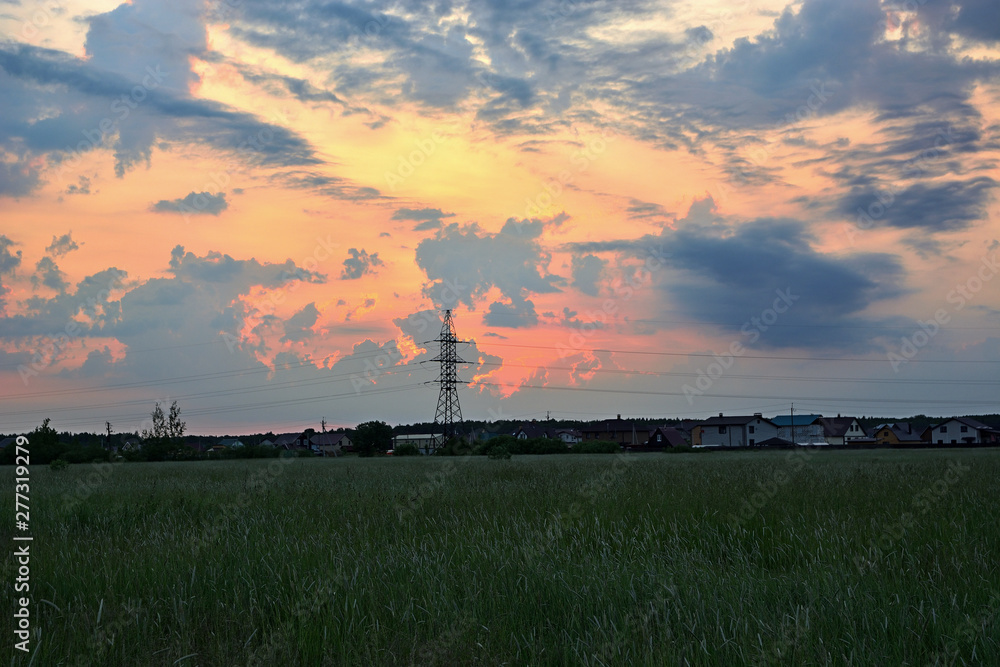 Field with green grass and power transmission tower with private houses on the background of the sunset sky