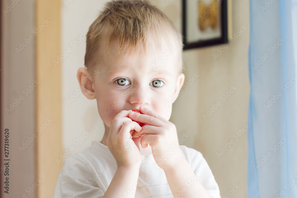 the boy eats strawberries, and looks with big beautiful eyes at the camera the boy eats strawberries, and looks with big beautiful eyes at the camera