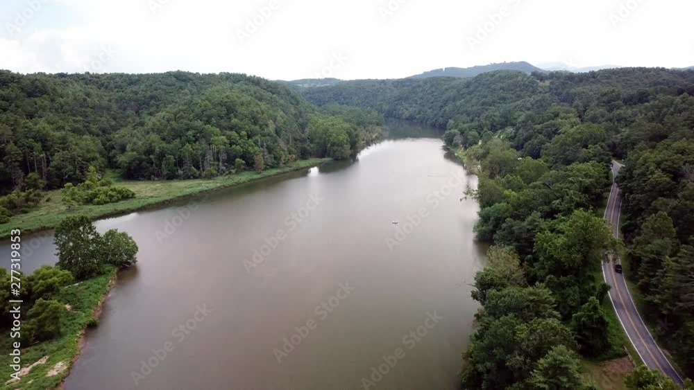 Fries Virginia aerial of New River and roadway above old textile plant site Fries Virginia aerial of New River and roadway above old textile plant site