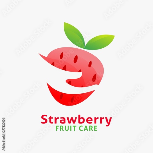 Strawberry fruit logo design with negative hand shape