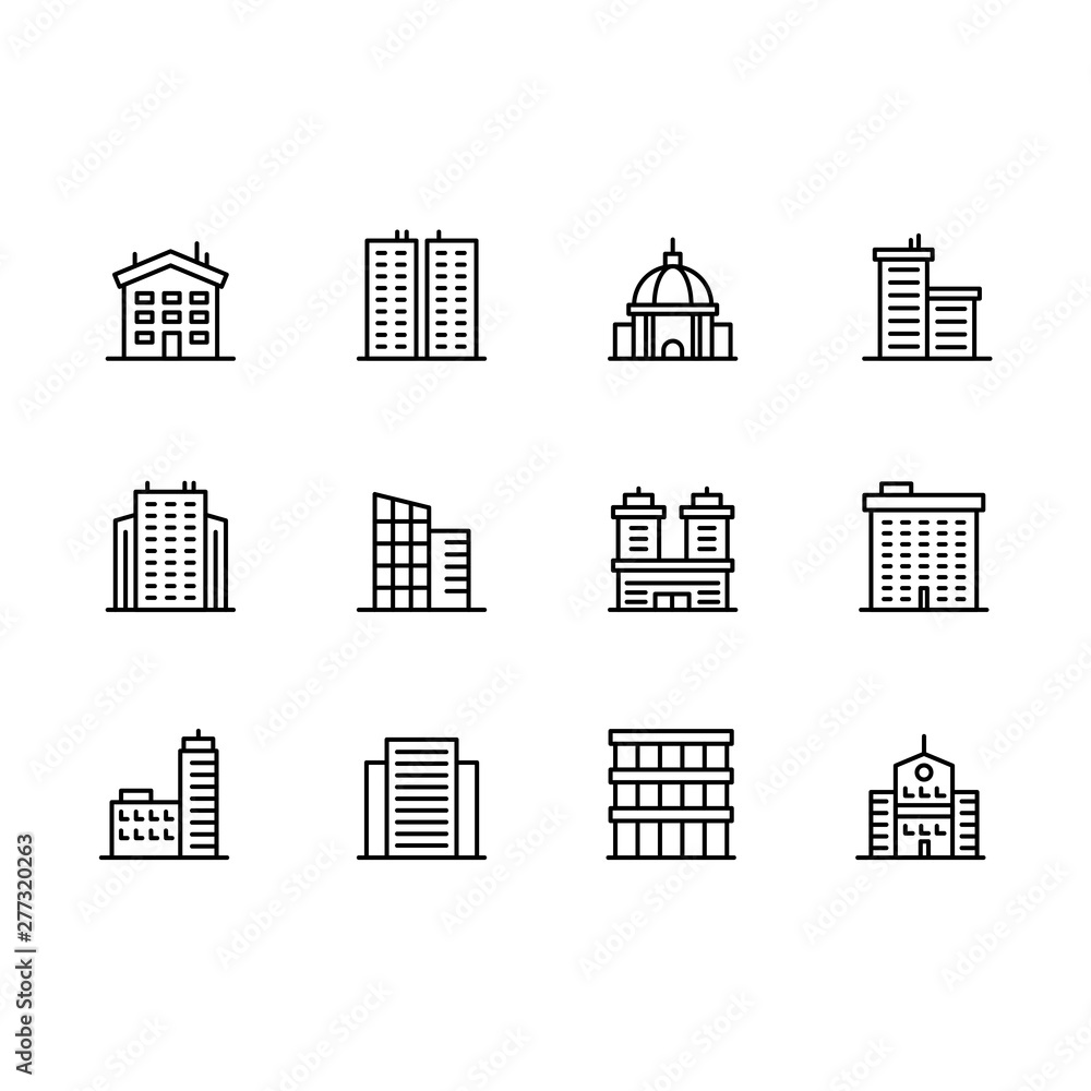 House and building icon simple symbols set. Contains icon business office, city skyscraper, residential building, urban apartment, mansion. Construction, estate, architecture and design.