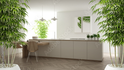 Zen interior with potted bamboo plant  natural interior design concept  minimalist white kitchen with dining table and parquet floor  contemporary modern architecture concept idea