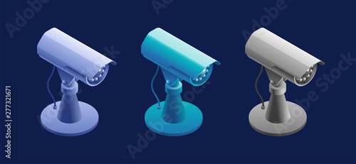 CCTV Camera. Isometric view at a model of a surveillance camera, represented in different color variations.