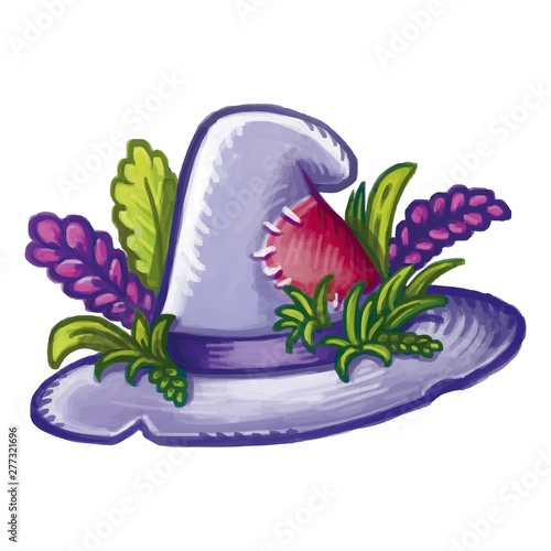 Cute cartoon hedgewitch magical hat decorated with herbs and flowers. Halloween witch hat