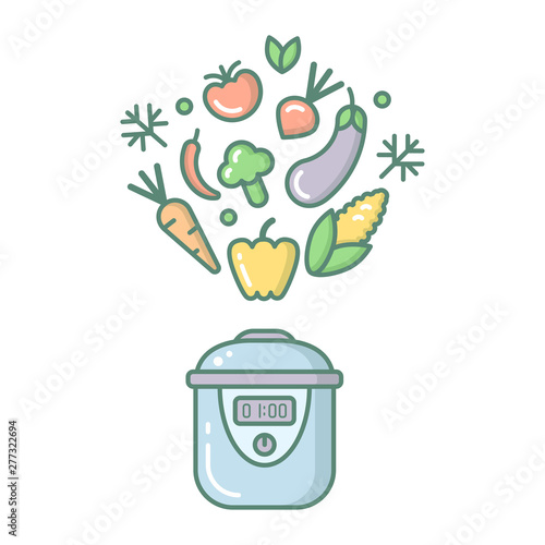 Cartoon style concept of multicooker and vegetables