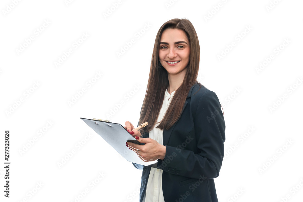Smiling woman writing on clipboard isolated on white Smiling woman writing on clipboard isolated on white