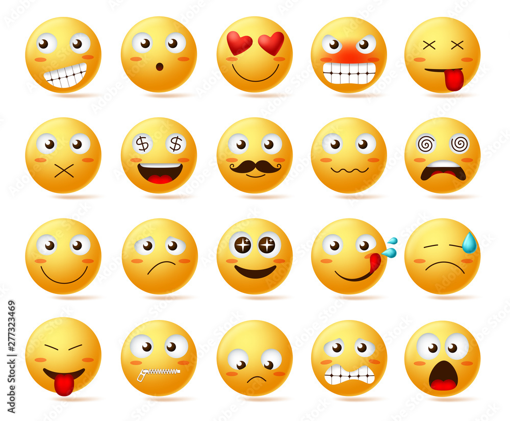 Smileys vector icon set. Smiley face or yellow emoticons with facial expressions and emotions like happy, inlove, confused and dizzy isolated in white background. Vector illustration. Smileys vector icon set. Smiley face or yellow emoticons with facial expressions and emotions like happy, inlove, confused and dizzy isolated in white background. Vector illustration.