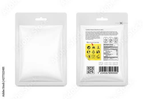 Pouch bags mockup with nutrition facts isolated on white background. Vector illustration. Front and rear views. Can be use for template your design, presentation, promo, ad. EPS10.