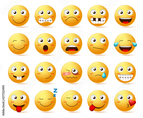 Smileys vector set. Smiley face or yellow emoticons with various facial expressions and emotions like happy, lonely, confused and hurt isolated in white background. Vector illustration.