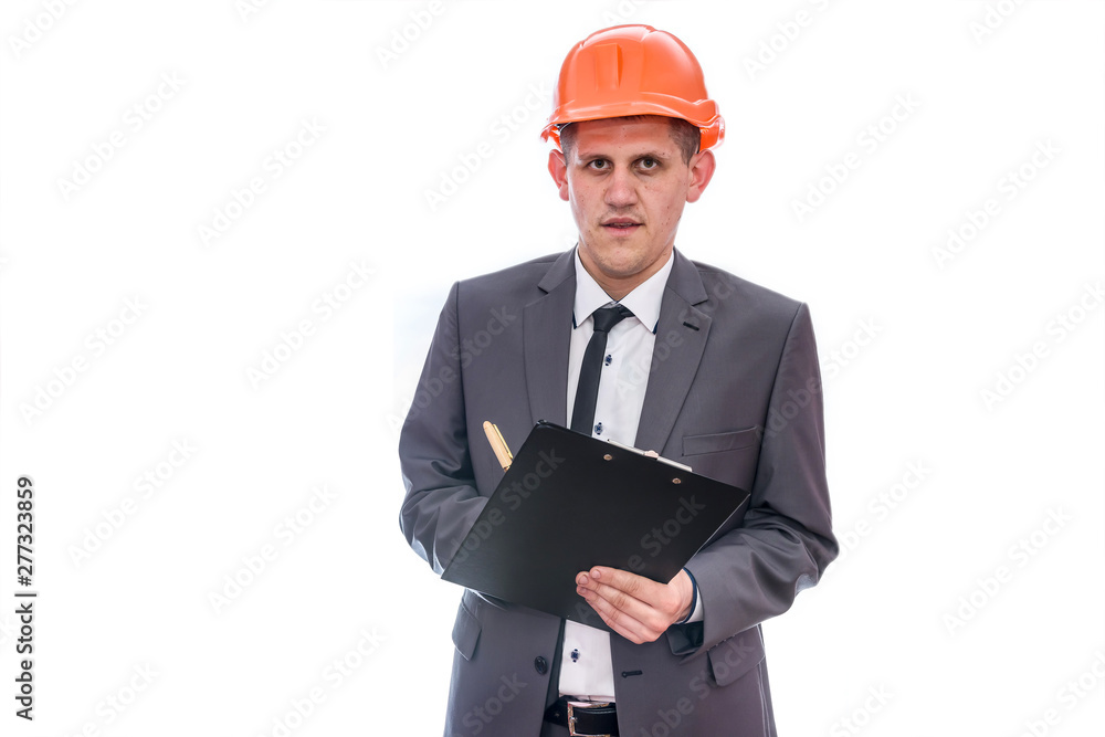 Man in helmet holding clipboard isolated on white Man in helmet holding clipboard isolated on white