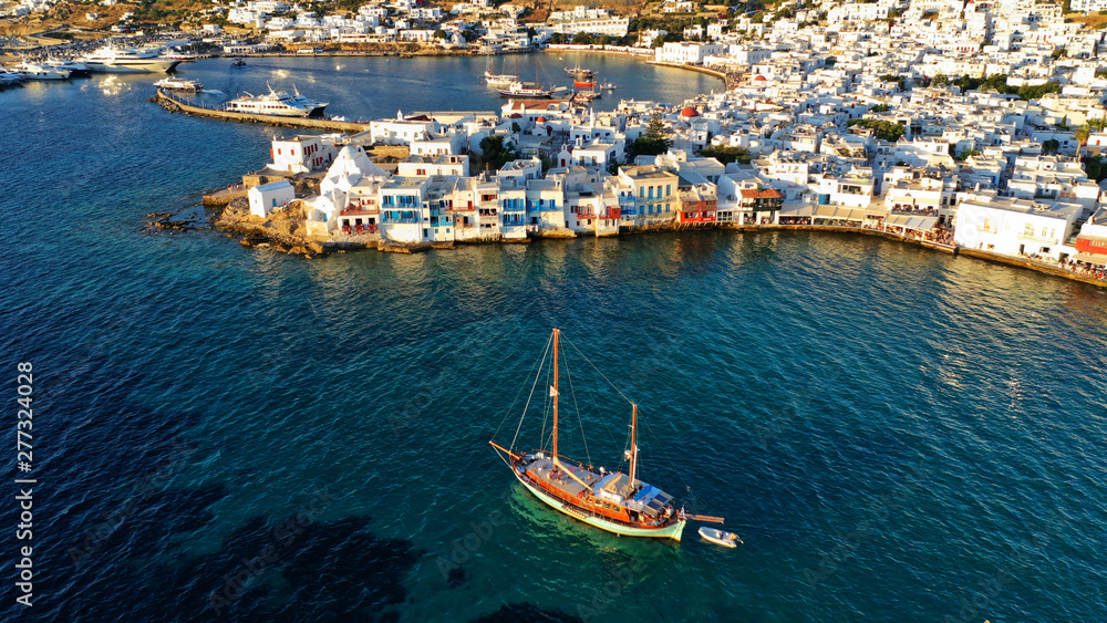 Aerial view of iconic colourful white washed picturesque little Venice in old town of Mykonos island chora, Cyclades, Aegean, Greece