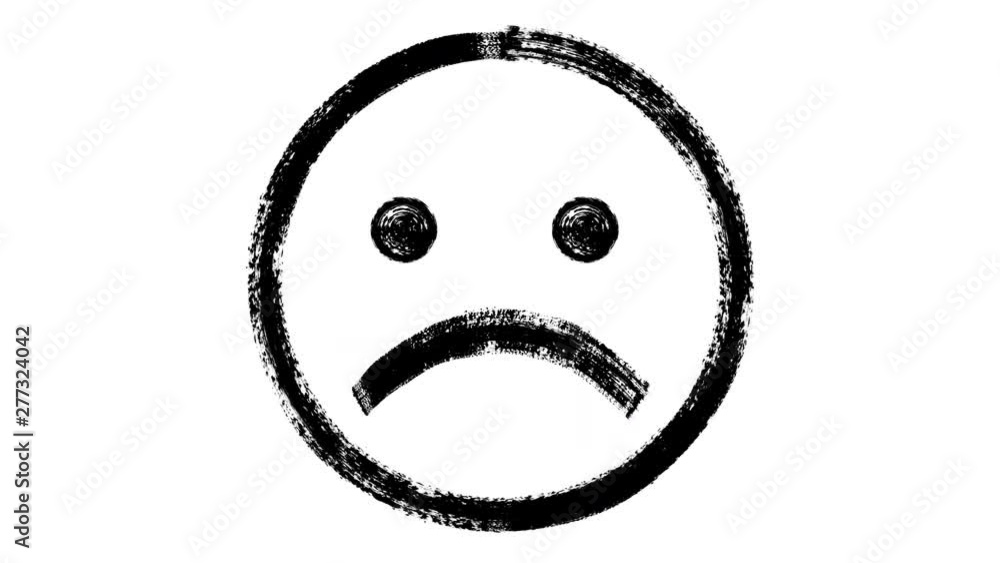 Brush paints a sad emoticon in black ink on a white background. CG animation. Brush paints a sad emoticon in black ink on a white background. CG animation.