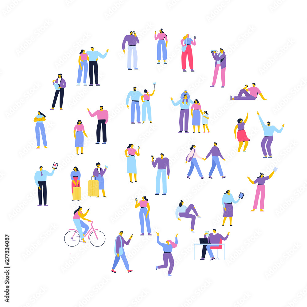 Crowd of people. Men and women flat vector set. Different walking and running people. Outdoor. Male and female. Flat vector characters isolated on white background.	