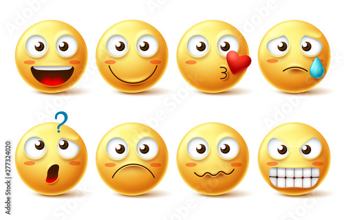Smiley face vector character set. Smiley emoticons and emoji with different facial expression and emotion like happy, lonely, confused and angry isolated in white background . Vector illustration.