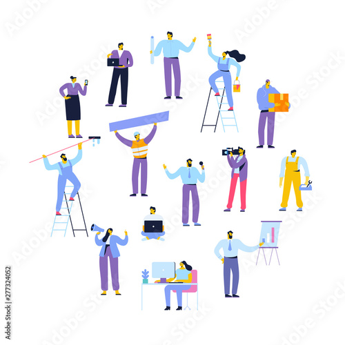 People of different occupations. Professions. Сourier, painter, teacher, fireman, businessman, teacher, chef, presenter, programmer etc . Flat vector characters	