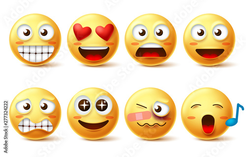 Smiley face vector set. Smileys icons and emoticons with funny, happy, inlove, singing and hurt facial expressions in yellow color isolated in white background. Vector illustration.