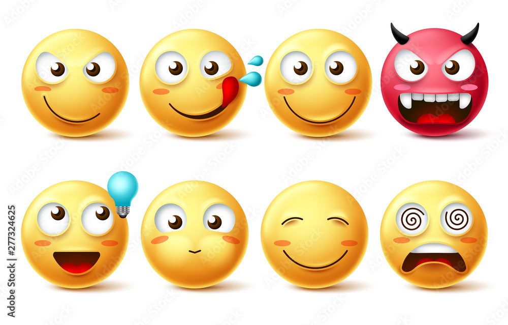 Smileys icon vector set. Smiley faces and emoticons happy, hungry, naughty, thinking, dizzy and evil facial expressions isolated in white background. Vector illustration. Smileys icon vector set. Smiley faces and emoticons happy, hungry, naughty, thinking, dizzy and evil facial expressions isolated in white background. Vector illustration.