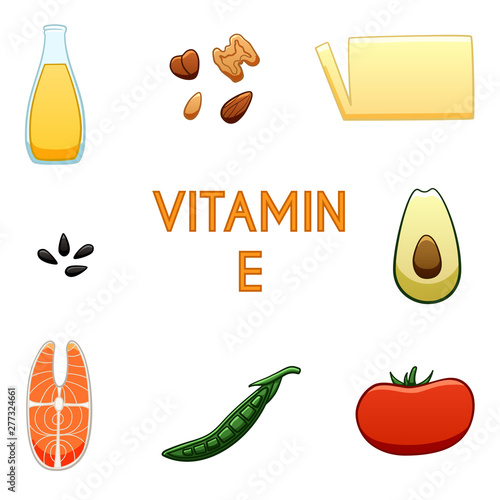 Products containing vitamin E. Olive oil, nuts, butter, sunflower seeds, avocados, fatty fish, peas, tomato. White background, vector.