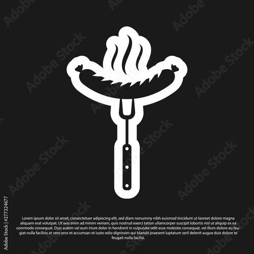 Black Sausage on the fork with steam icon isolated on black background. Grilled sausage and aroma sign. Vector Illustration