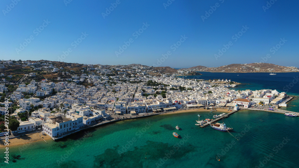 Aerial drone photo of picturesque and beautiful whitewashed old port in main town of Mykonos island, Cyclades, Greece