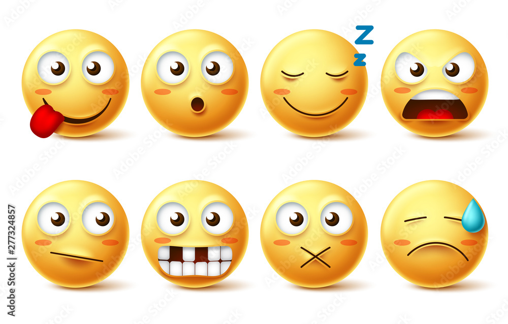 Smileys vector set with funny facial expressions. Smiley face cute emoticons with sleepy, toothless, angry and naughty facial expressions isolated in white background for design elements. Vector Smileys vector set with funny facial expressions. Smiley face cute emoticons with sleepy, toothless, angry and naughty facial expressions isolated in white background for design elements. Vector