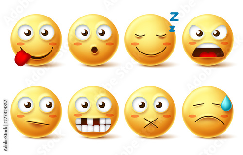 Smileys vector set with funny facial expressions. Smiley face cute emoticons with sleepy, toothless, angry and naughty facial expressions isolated in white background for design elements. Vector 