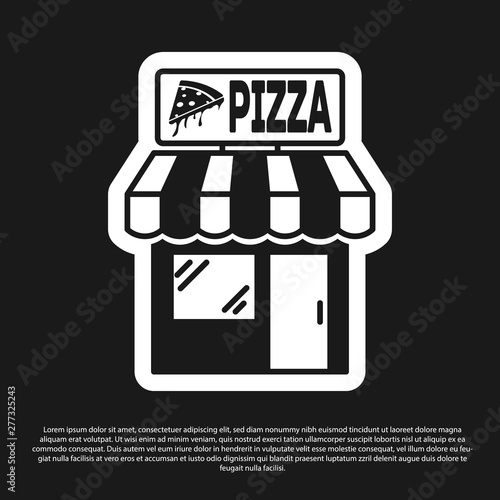 Black Pizzeria building facade icon isolated on black background. Fast food pizzeria kiosk. Vector Illustration