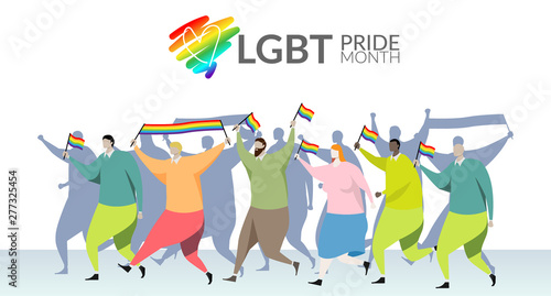LGBT pride month concept. parade participant waves a gay rainbow flag in hand at LGBT gay pride parade festival on street, isolated on white background