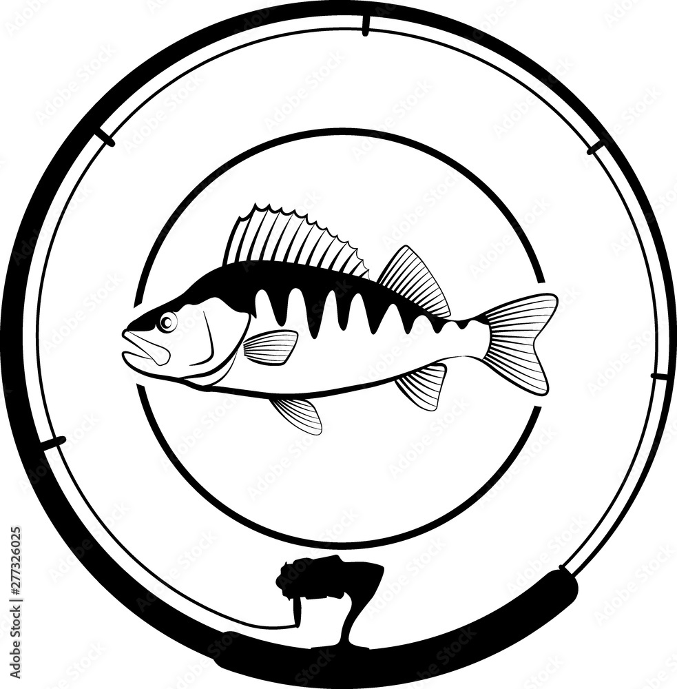 fishing badge with perch fish and fishing rod Stock Vector