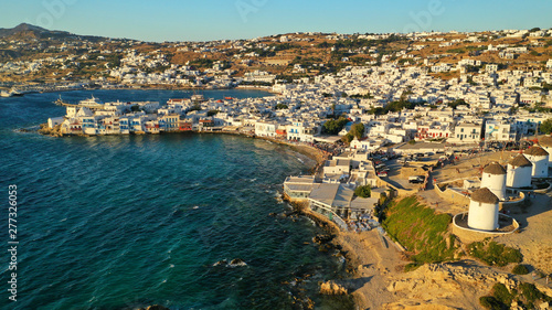 Fototapeta Naklejka Na Ścianę i Meble -  Aerial drone photo of iconic colourful white washed and picturesque little Venice in main town of island of Mykonos, Cyclades, Greece