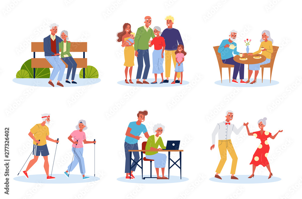 Fototapeta premium Old couple set. Elderly people spend time together