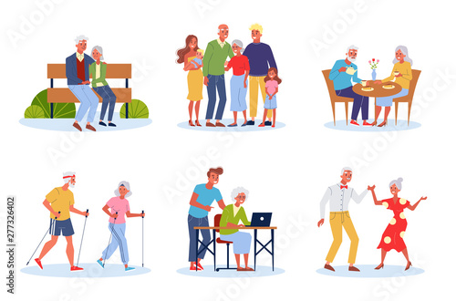 Old couple set. Elderly people spend time together