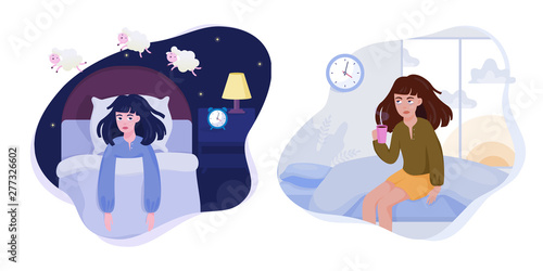 Stressed woman suffering from the insomnia set.