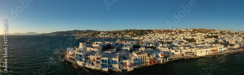 Aerial drone photo of iconic colourful white washed and picturesque little Venice in main town of island of Mykonos, Cyclades, Greece © aerial-drone