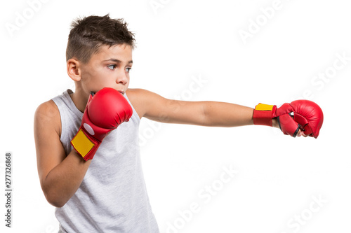 karate boy in fighting stance, strikes with a hand, on his hands red gloves, on a white background