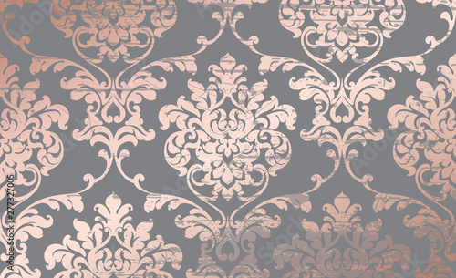 Damask pink gold ornament pattern Vector. Baroque luxury texture. Glossy structure. Victorian elegant decors