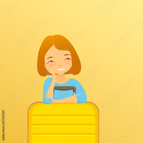 Smiling happy young girl with suitcase, vector illustration isolated on yellow background.