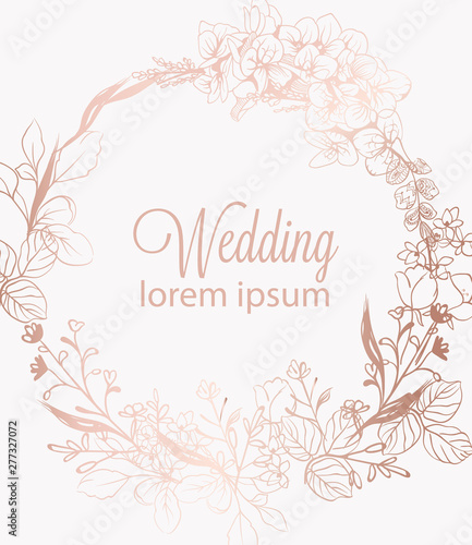 Vintage boho flowers wreath decor Vector line art. Golden glossy structure. H...