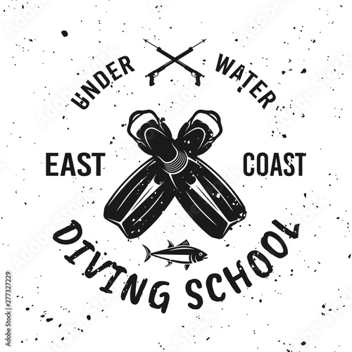 Diving school vector emblem with diver flippers