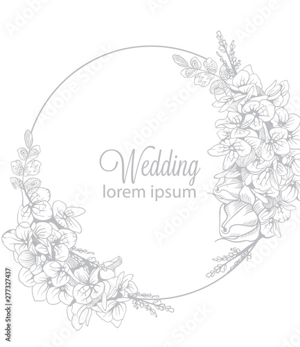 Vintage boho flowers wreath decor Vector line art. Golden glossy structure. H...