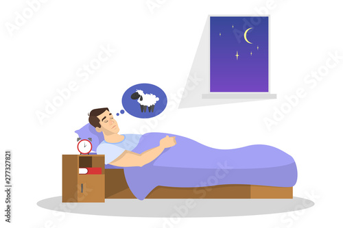 Man sleep. Person rest in the bed on the pillow