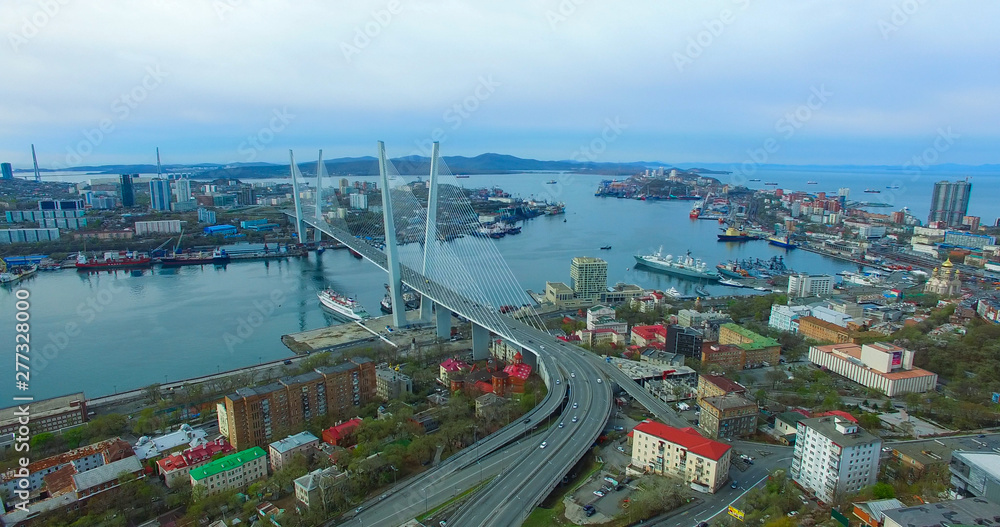 Aerial view of the panorama of the city overlooking the Golden bridge.