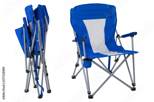 Photography blue folding chair for camping or for fishing, two folding positions, concept, o