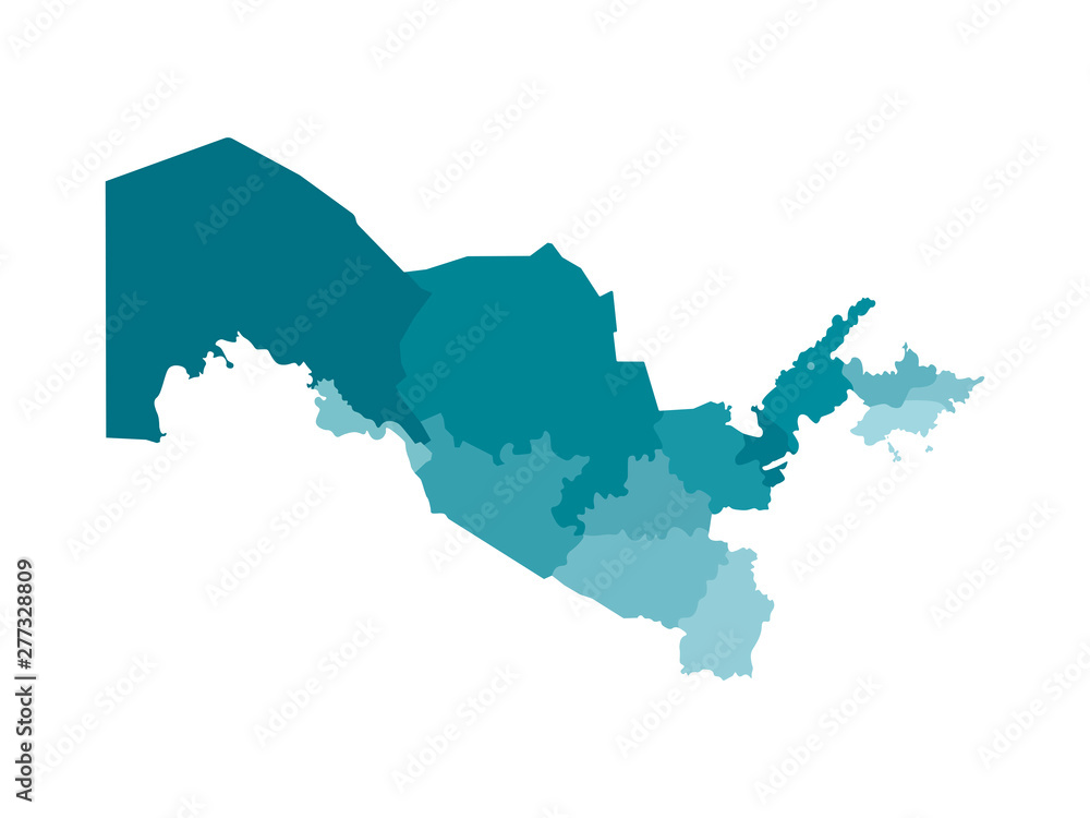 Obraz premium Vector isolated illustration of simplified administrative map of Uzbekistan. Borders of the regions. Colorful blue khaki silhouettes